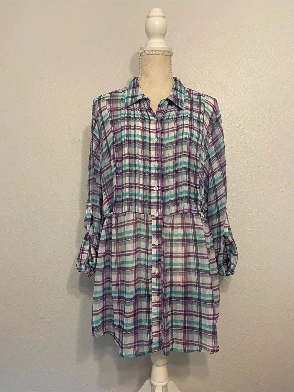 Torrid Blue & Purple Plaid Button Down Tie Back Lightweight Blouse Size 2